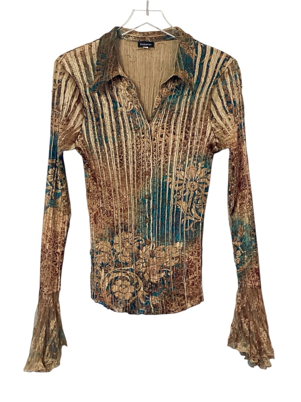 Komarov Y2K Pleated Blouse Floral Print Dramatic Lace Cuffs Size L